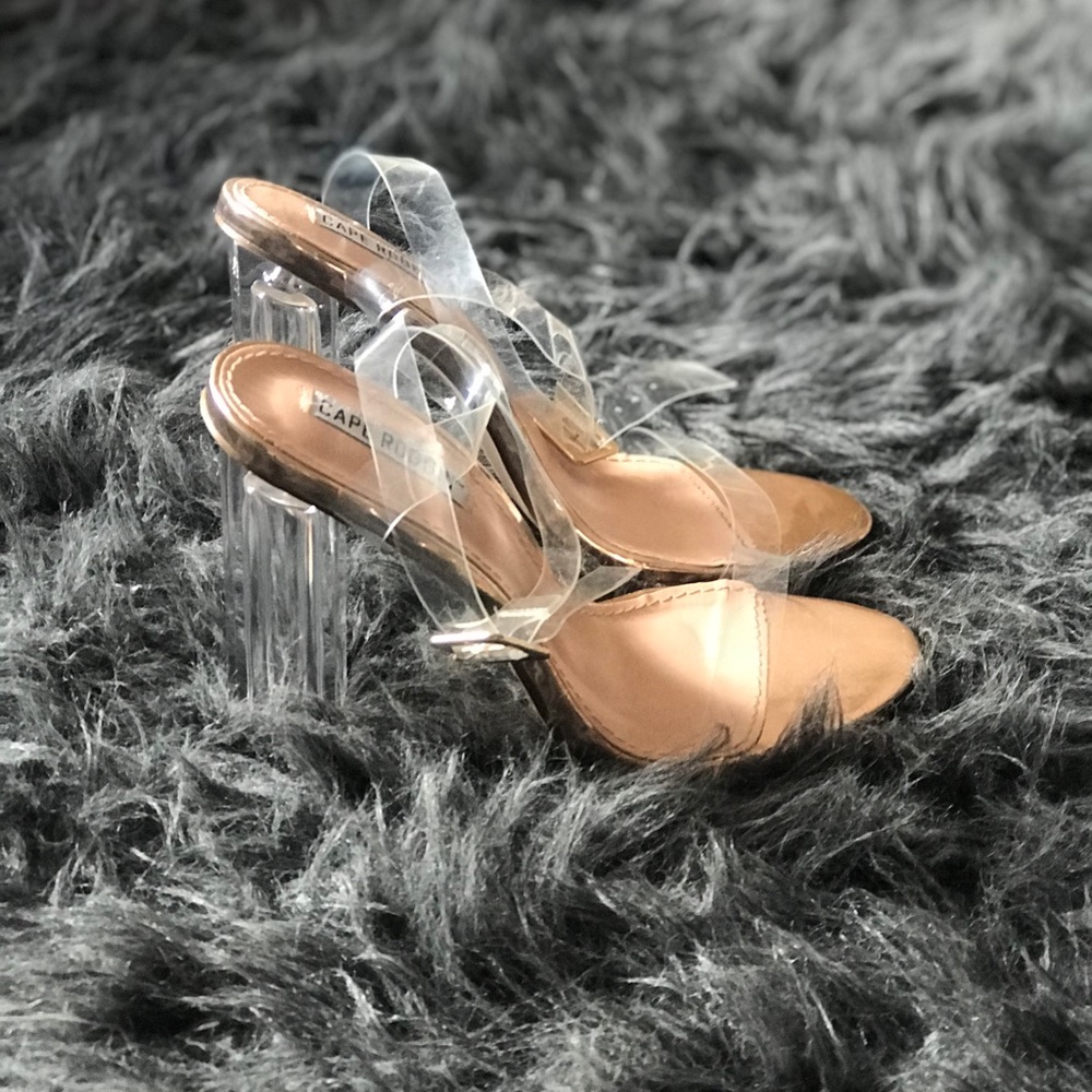 Faux glass slippers, clear heeled heels